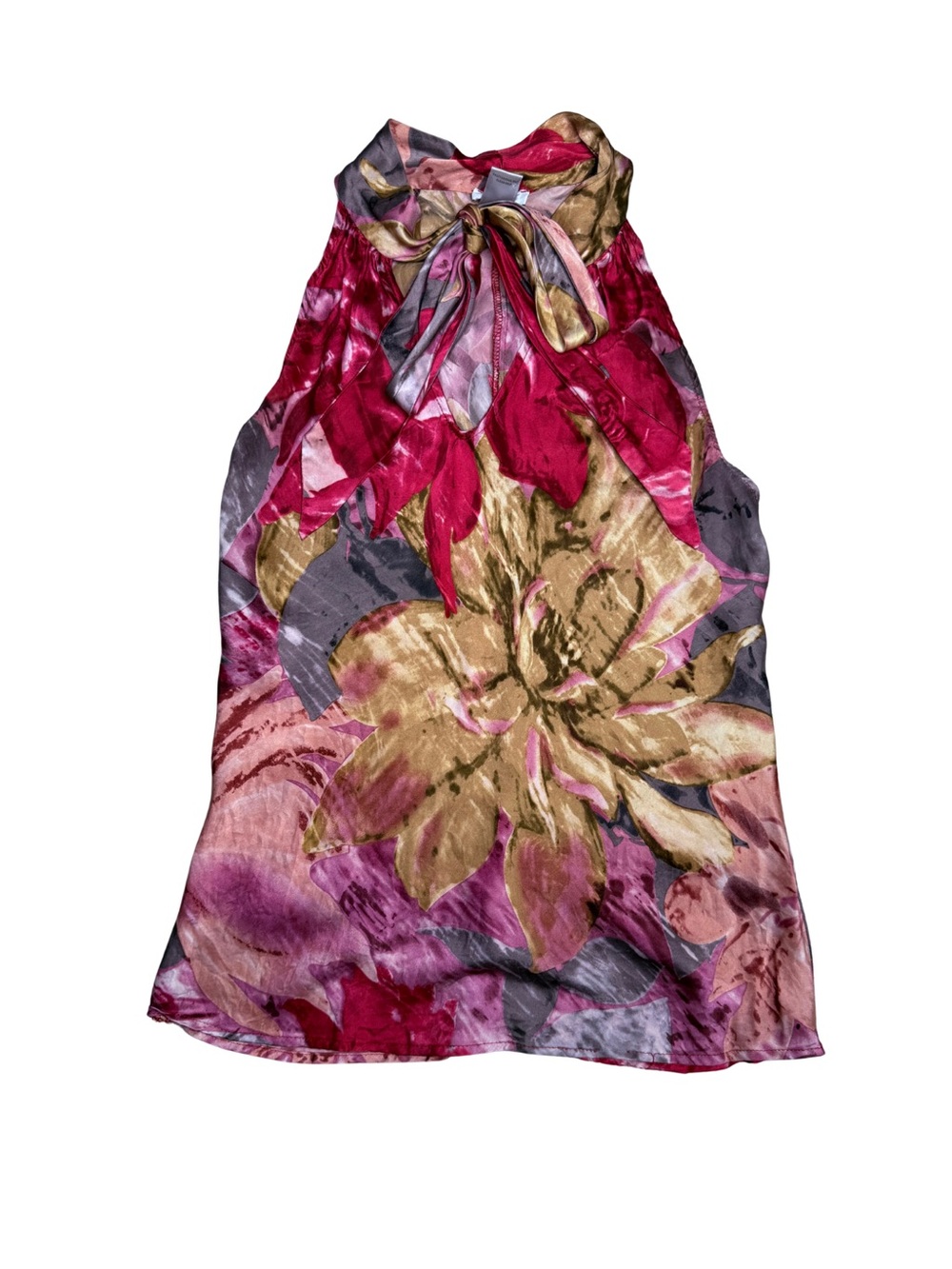 Vintage Cache Floral Tie-Neck Sleeveless Top in Pink and Gold